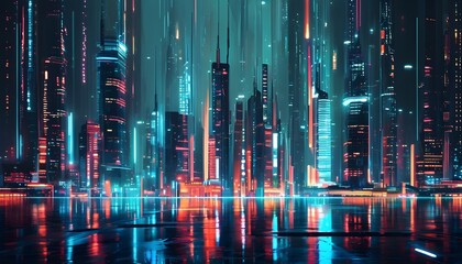 Wall Mural - Futuristic cityscape alive with dynamic lines and glowing lights in an intense abstract composition