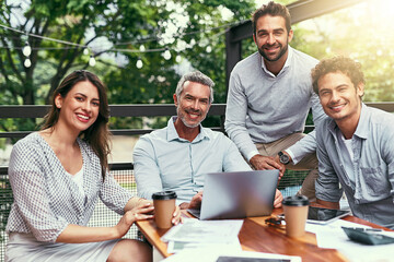 Canvas Print - Meeting, portrait and business people in cafe with laptop for creative collaboration, support and confidence. Smile, women and men at coffee shop for online planning, design and team at tech startup