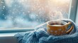 © Suleyman - A steaming cup of tea, wrapped in a cozy knitted scarf, sits on the windowsill, offering warmth against the icy winter outside.