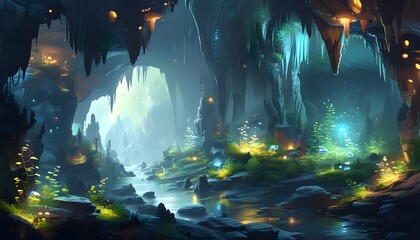 Wall Mural - Mystical fantasy landscape featuring a luminous cave and enchanting magical flora