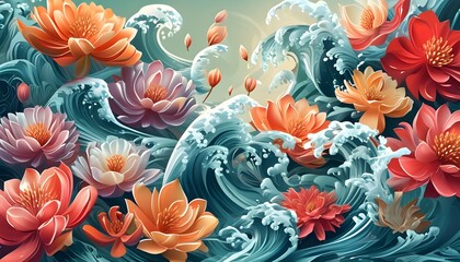 Wall Mural - Harmonious Fusion of Stylized Florals and Dynamic Wave Patterns in a Captivating Digital Illustration