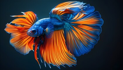 Vividly colored Betta fish with flowing fins in shades of blue and orange set against a rich dark backdrop