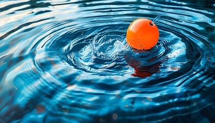 Wall Mural - Vibrant orange buoy drifting in clear blue water, surrounded by ripples and splashes in a serene natural aquatic setting