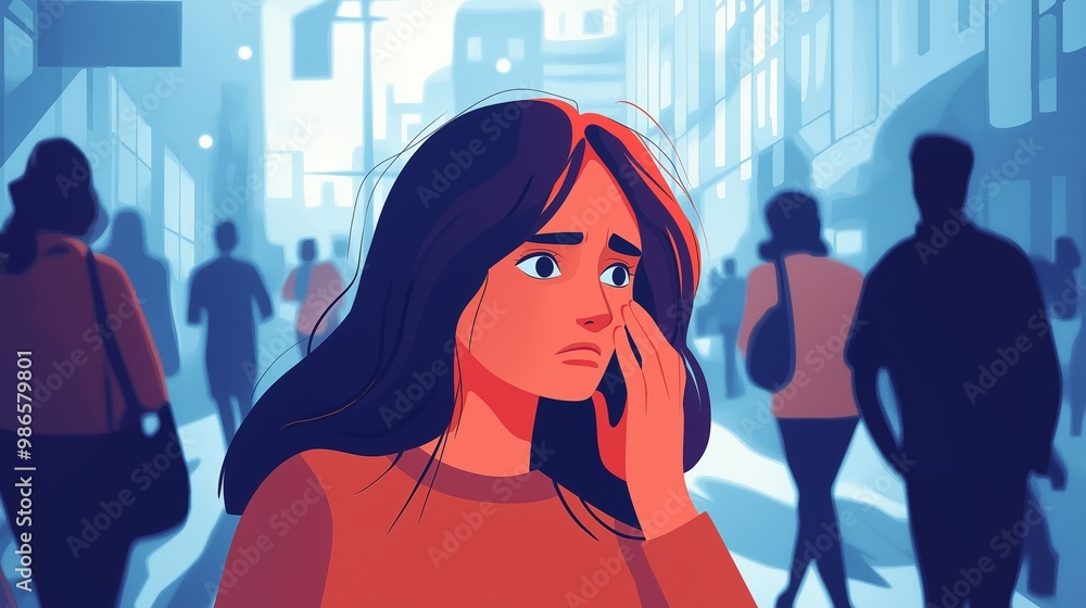 Panic attack in public place. Woman having panic disorder in city ...