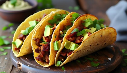 Wall Mural - Rustic earthy vegan tacos with spiced walnut meat and creamy avocado, a visually appealing and satisfying dish