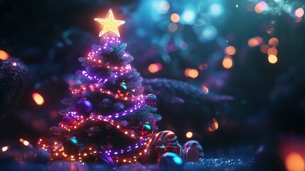 Christmas tree adorned with shimmering lights. Happy holidays! The realistic 3D design features garlands, snowflakes, candy canes, and purple accents, topped with a star.