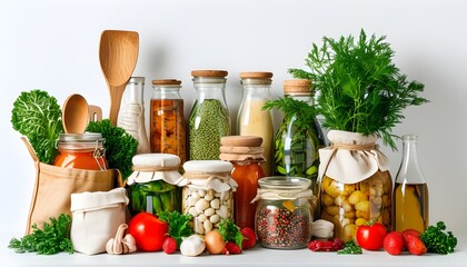 Wall Mural - Sustainable kitchen showcase with glass jars, bottles, and cloth bags for organic ingredients against a pristine white backdrop