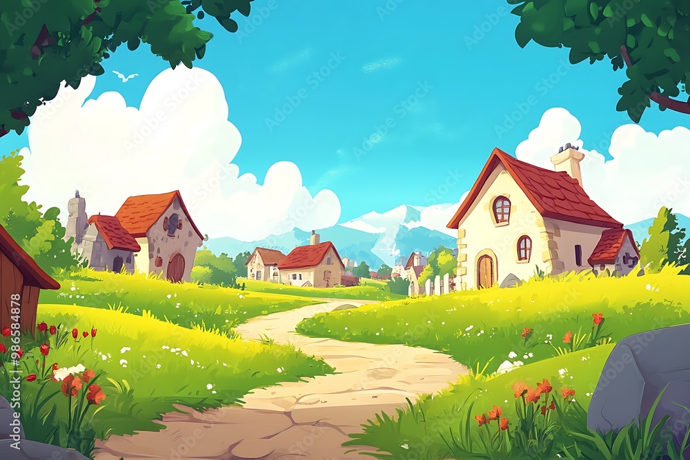 Cartoon illustration of a charming village with houses, winding road ...
