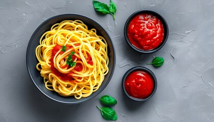 Delicious spaghetti topped with vibrant tomato sauce on a rustic grey backdrop