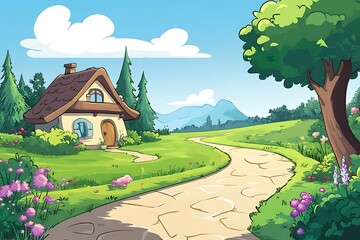 Wall Mural - Cute Cartoon Cottage on a Winding Path in a Lush Green Meadow with Mountains in the Background