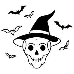 Wall Mural - Witch Hat Skull Surrounded by Bats Line Art Vector