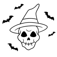 Wall Mural - Witch Hat Skull Surrounded by Bats Line Art Vector