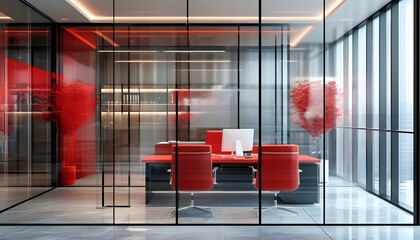 Wall Mural - Contemporary office space featuring glass walls and striking red accents with a softly blurred backdrop