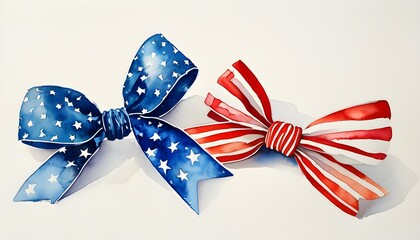 Wall Mural - Watercolor bows reflecting the American flag on a solid white backdrop with blue hues and stars alongside bold red and white stripes