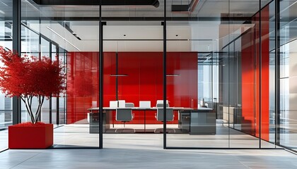 Wall Mural - Contemporary office space featuring glass walls and striking red accents with a softly blurred backdrop