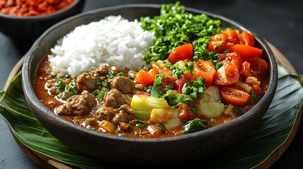 A vibrant bowl of rice and curry with fresh vegetables and herbs.