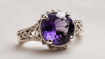 Beautiful amethyst ring featuring a large purple gemstone surrounded by delicate silver filigree evoking a sense of royalty