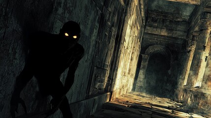 Sinister Shadowy Figure with Glowing Eyes in Ancient Temple Shadows - 3D Render Concept