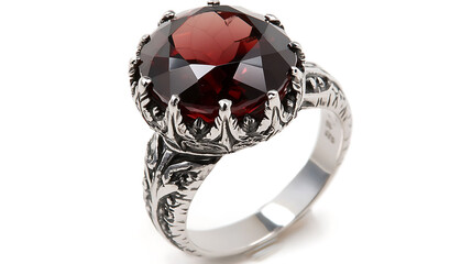 Bold garnet ring set in silver showcasing a deep red gemstone with intricate detailing on the band