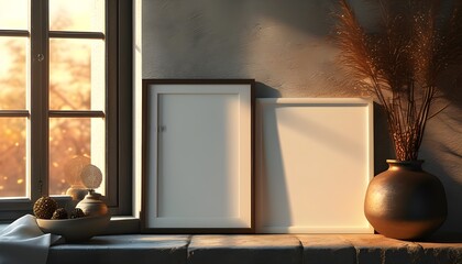 Wall Mural - Illuminated blank white frame against a wall adorned with decorative items in warm sunlight