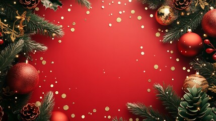 Create a festive Christmas border using realistic 3D images of fir branches, ornaments, and garlands. Decorate with gold confetti, and use a red background.