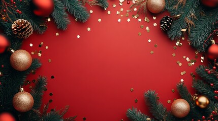 Wall Mural - Create a festive Christmas border using realistic 3D images of fir branches, ornaments, and garlands. Decorate with gold confetti, and use a red background.