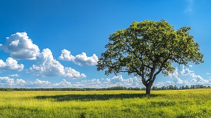 Wall Mural - Lone tree in a field with blue sky and fluffy clouds