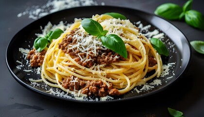 Wall Mural - Elegant black plate featuring spaghetti bolognese garnished with parmesan and basil against a moody dark backdrop