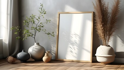 Sticker - Serene composition of a blank white A4 frame illuminated by natural light, resting against a wall on a wooden floor decorated with stylish items