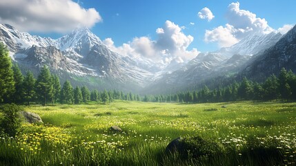 Wall Mural - Scenic Mountain Valley Landscape with Lush Grass, Wildflowers and Blue Sky with White Clouds