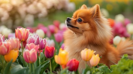 Wall Mural - The Pomeranian sits contently amidst a lush flower bed, soaking up the sunshine. Colorful tulips bloom around, creating a cheerful atmosphere in the garden