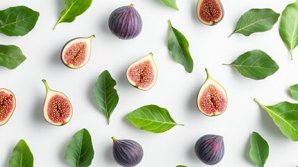 Wall Mural - Figs and their leaves on a plain white background