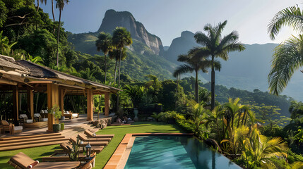 hotel with terrace and swimming pool among palm trees