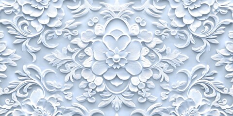 White 3D floral pattern on a light blue background.