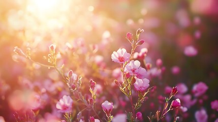 Sticker - Pink flowers blooming in a field with a warm sunset glow. Concept of new beginnings, spring, and hope