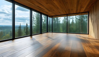 Wall Mural - Serene empty room with wooden floors and panoramic windows showcasing city and forest vistas