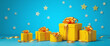 © MaC GFX Studio - Generative AI illustration of yellow gifts with golden bows and ribbons placed on skyblue background generative AI