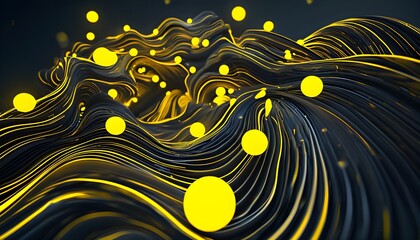 Wall Mural - Mesmerizing Abstract Waves with Glowing Black Lines and Yellow Spheres in a Dark Whirlpool Environment