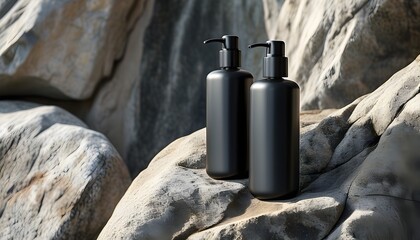 Wall Mural - Minimalistic showcase of sleek black pump bottles on rugged stone highlighting modern sophistication