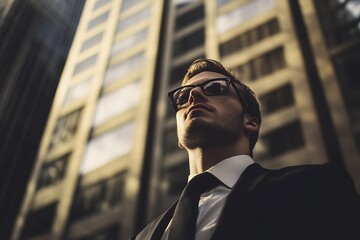 Wall Mural - Businessman looking up at skyscrapers, symbolizing ambition, success, and achievement in the corporate world.