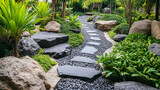 Urokliwy ogród z delikatnie ułożonymi kamieniami i ścieżką zachęcającą do spacerów. 