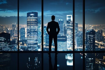 Wall Mural - Silhouette of businessman looking out window at cityscape at night. Concept of ambition, success, goals, and vision.