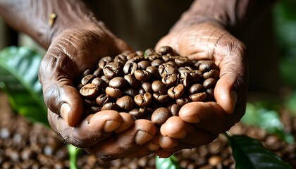 Ethiopian farmers hands nurturing coffee beans, celebrating organic harvest, sustainability, and the rich texture of grains in natural growth