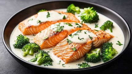 This dish features succulent salmon fillet drizzled with a rich creamy velout? sauce, accompanied by tender broccoli, elegantly presented on a sleek black plate