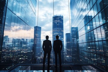 Wall Mural - Two businessmen looking out over city skyline, concept of success, partnership, and urban lifestyle.