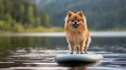 A playful Pomeranian confidently stands on a paddleboard in the middle of a calm lake, soaking in the sunlight and scenic mountain backdrop