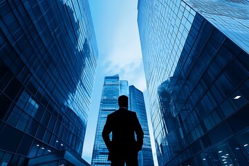 Wall Mural - Silhouette of businessman standing between skyscrapers, looking up at cityscape. Concept of ambition, success, and achievement in business.