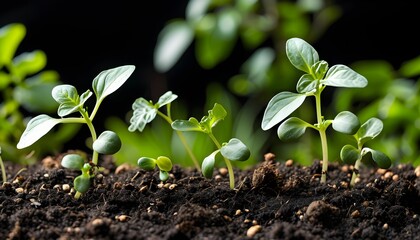 Wall Mural - Nurturing the Future: Stages of Growth from Seedling to Sprout on a Dark Canvas of Soil and Roots