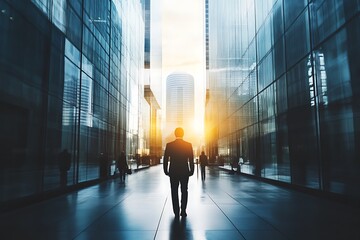 Wall Mural - Silhouette of businessman walking towards sunrise in city