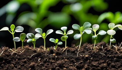 Wall Mural - Nurturing the Future: Stages of Growth from Seedling to Sprout on a Dark Canvas of Soil and Roots